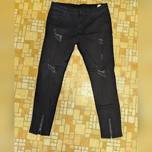 Black Distressed Jeans with Zipper Details